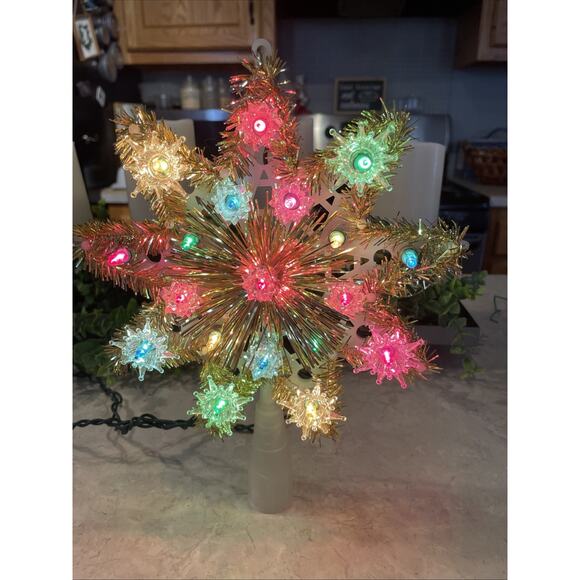 Vintage Gold Tinsel Star Tree Topper 19 Multi-Light Christmas Decor 11x8” - Picture 6 of 8